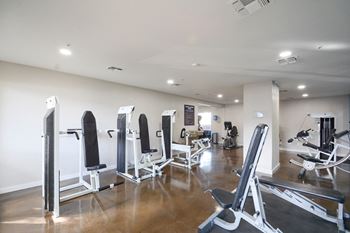 a gym with weights and cardio equipment in a building